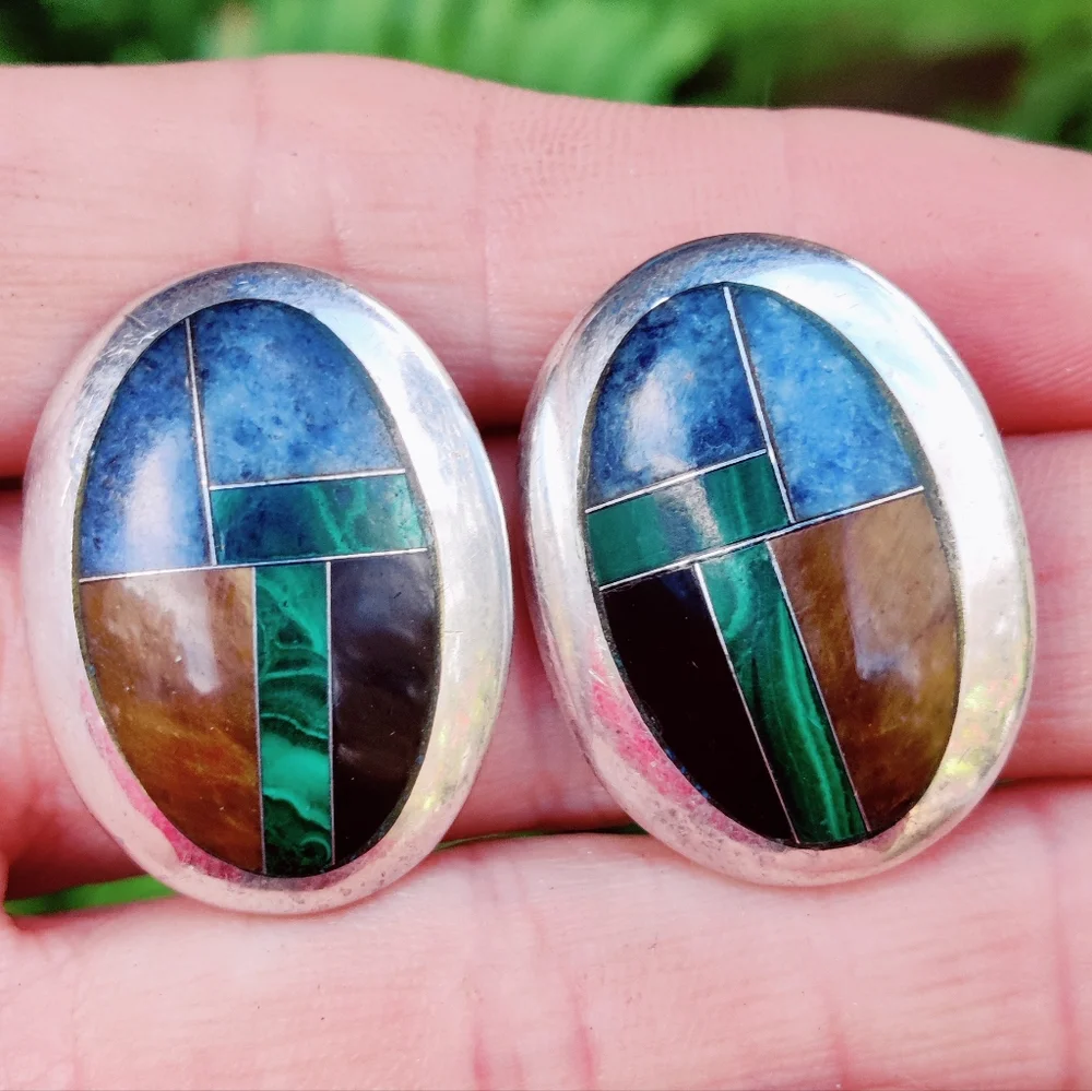 Vintage heavy 950 fine silver Mosaic taxco signed stone earrings - Picture 13 of 15
